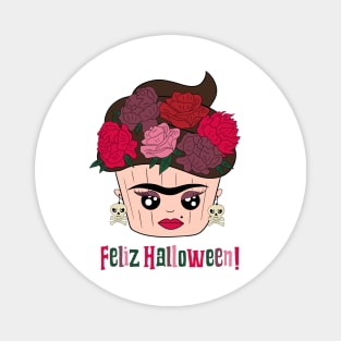 Cute and creepy espanol Halloween Frida  Kahlo cupcake Magnet